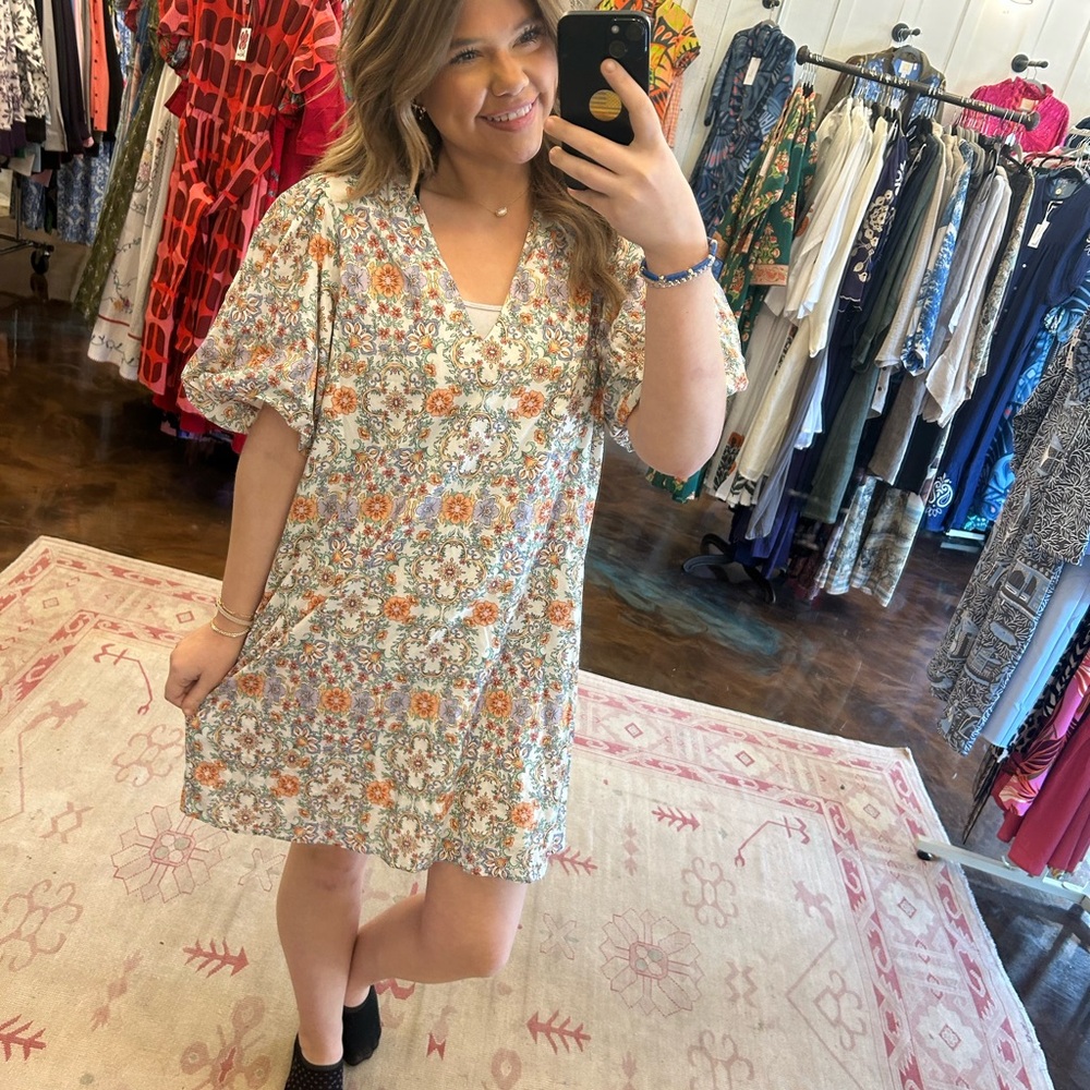 ANNA CATE- Haley dress Geo Peach lightweight y2K puff sleeve cotton New L $249 - Picture 3 of 4
